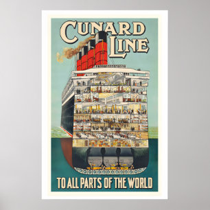 Poster Linha Cunard para Todas as Partes do Mundo Vintage