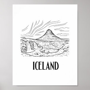 Poster Linha de Arte Desenho da Aurora Boreal da Islândia