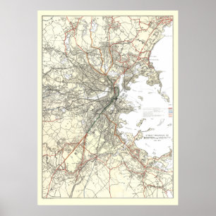 Póster Linha de trânsito Mapa de Boston do vintage (1914