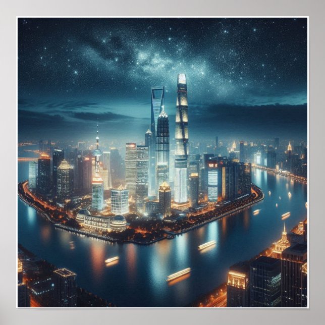 Poster Linha do horizonte da cidade na parede noturna de  (Frente)