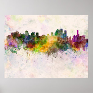 Póster Linha do horizonte de Brisbane em fundo de aquarel