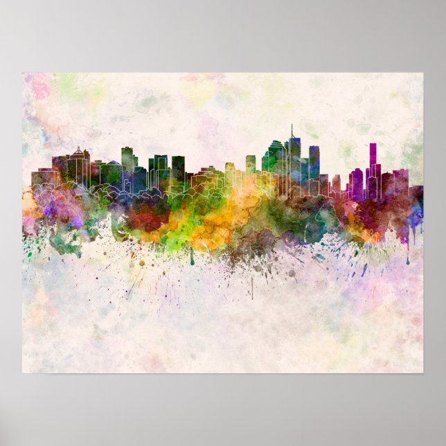 Póster Linha do horizonte de Brisbane em fundo de aquarel (Frente)