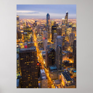 Póster Linha do horizonte de Chicago centro ao anoitecer