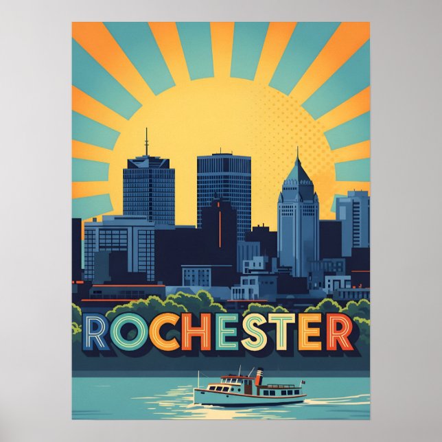 Poster Linha do horizonte Vibrant Rochester no pôr do sol (Frente)