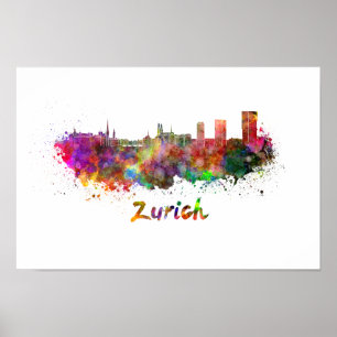 Poster Linha do horizonte Zurique com aquarela