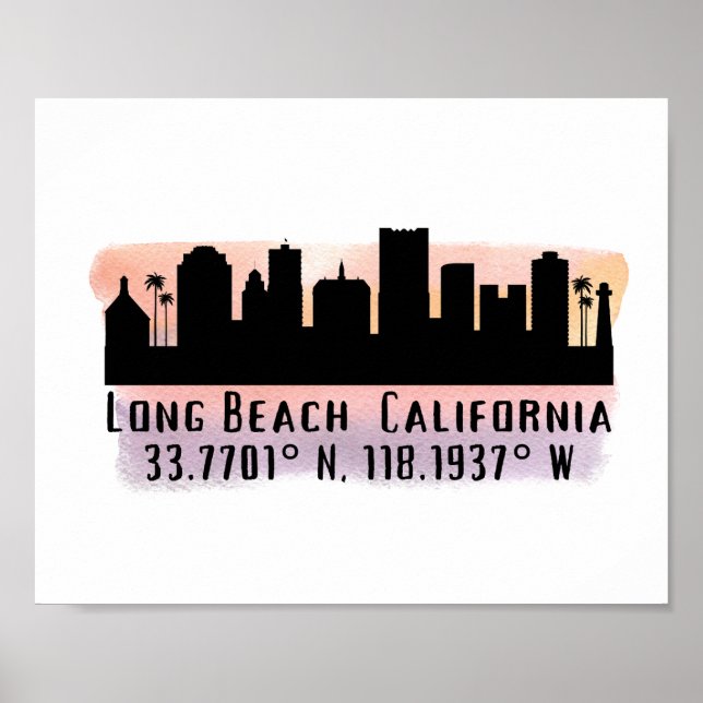 Poster Linha do Skyline Long Beach Latitude e Longitude (Frente)