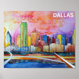 Poster Linha Skyline da cidade de Dallas Texas Watercolor