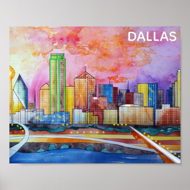 Poster Linha Skyline da cidade de Dallas Texas Watercolor (Frente)