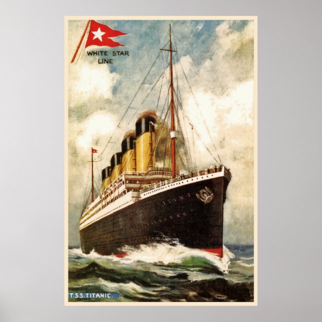 Póster Linha White Star com Cor da Água TSS Titanic (Frente)