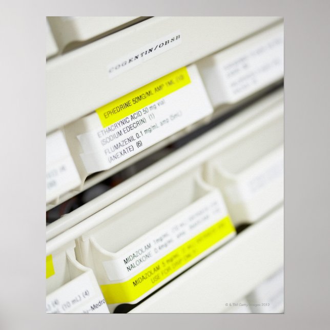 Póster Linhas das gavetas de medicamentos rotuladas (Frente)