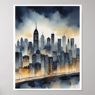 Poster linhas de horizonte de trabalho de arte de aquarel