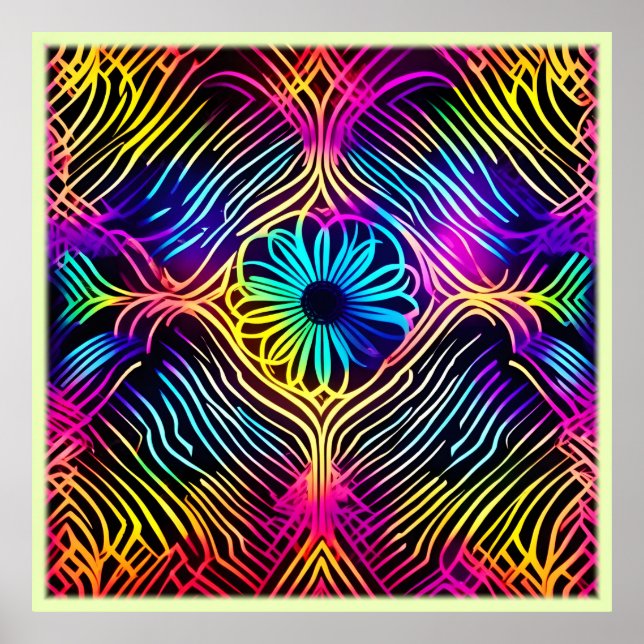 Poster Linhas de Neon Psicodélicas com Arte Flor (Frente)
