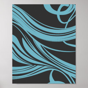 Poster Linhas Elegantes Fluindo em Turquesa em Preto