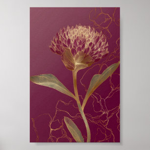 Poster Linhas Florais Botânicas em Dourado Vermelho Inten