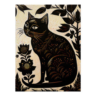Póster Linoco de Gato Negro Entre Flores