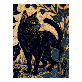 Póster Linoco de Gato Negro entre Plantas com Ba Amarelo