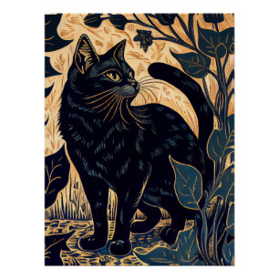 Póster Linoco de Gato Negro entre Plantas com Ba Amarelo