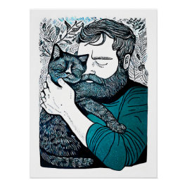 Póster Linocut Bearded Man segurando um gato