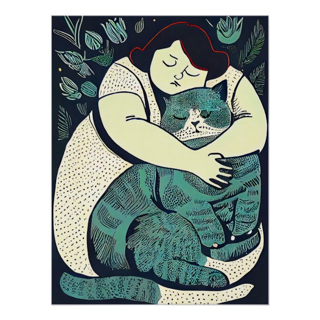 Póster Linocut Voluptututut Mulher segurando um gato gran (Frente)