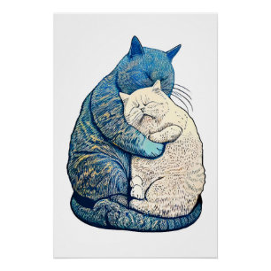Póster Linocut White e Black Cat Dormindo juntos