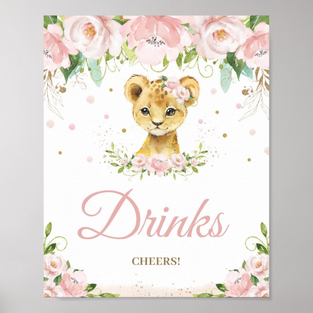 Poster Lion Blush Floral Chá de fraldas Rosa Bebe Cheias (Frente)