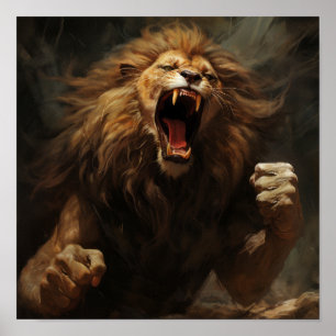 Poster Lion majestoso rugindo e erguendo seu poderoso pun