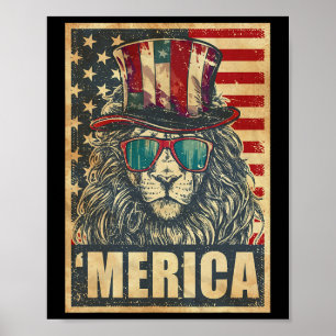 Poster Lion Merica Vintage American Flag 4 De Julho