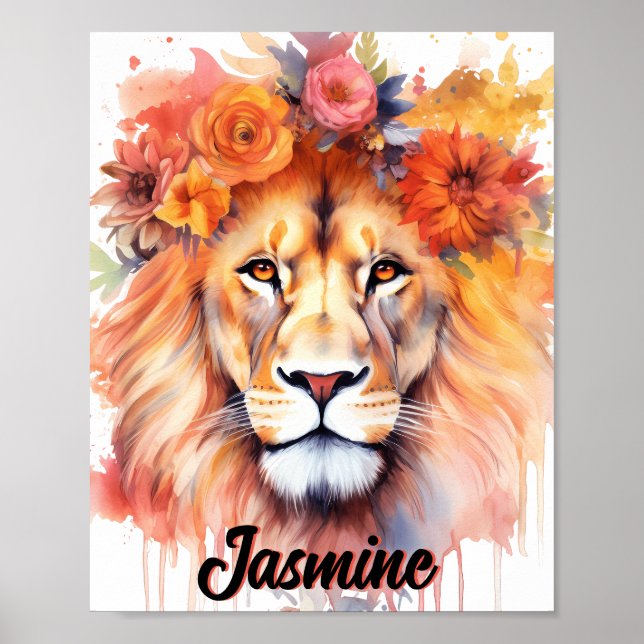 Poster Lion Pastel Flowers Safari Watercolor Savannah Cat (Frente)
