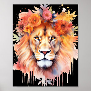 Poster Lion Pastel Flowers Safari Watercolor Savannah Cat