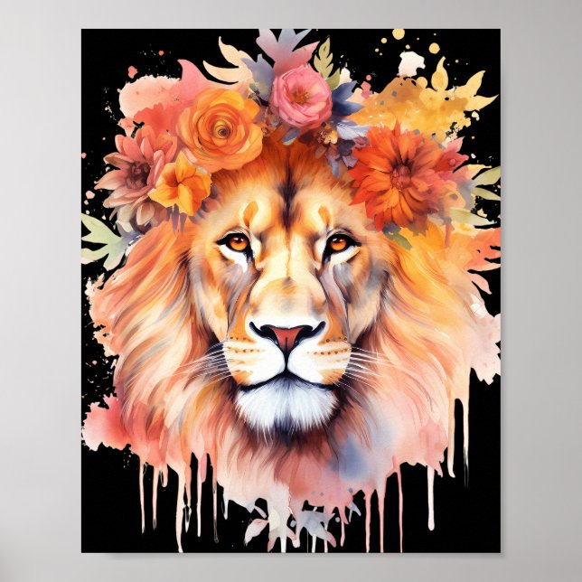 Poster Lion Pastel Flowers Safari Watercolor Savannah Cat (Frente)