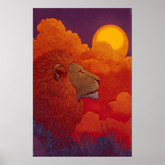 Poster Lion Sunset Wall Art Fiery Mane, Circular Sun