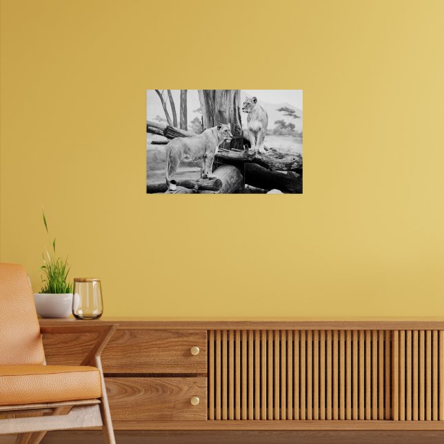 Poster Lioness Wildlife Black & White Photoographic Art (Sala de Estar 2)