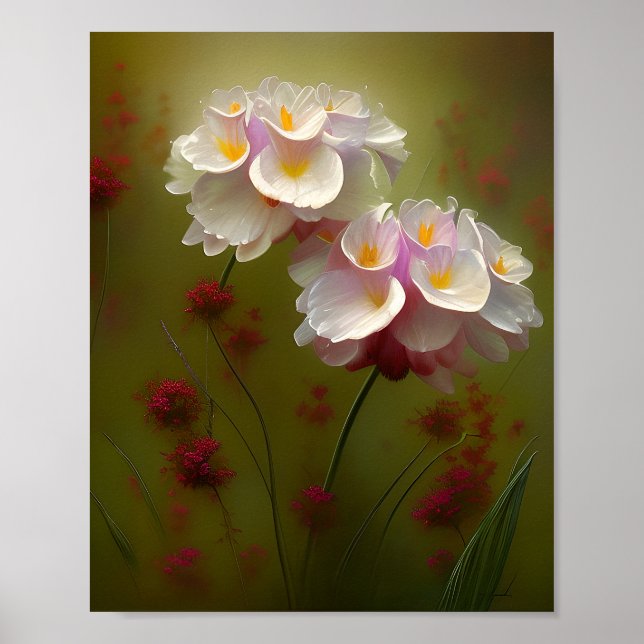 Poster Lirios brancos e flores silvestres vermelhas (Frente)