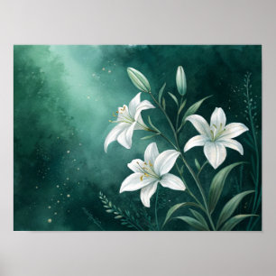 Poster Lírios Brancos Etéreos em Flor: Um Verde Esmeralda