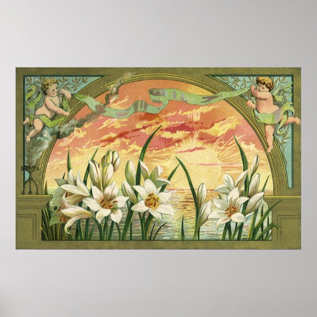 Póster Lírios de Páscoa do Sol e Anjos Vitorianos (Frente)