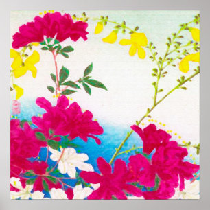 Poster Lírios do dia japonês - magenta, azul amarelo