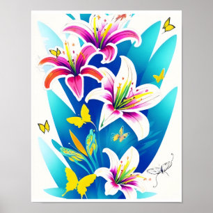 Poster Lírios e Borboletas Amarelas