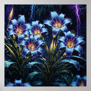 Poster Lírios luminosos vibrantes, jardim de fantasia flo