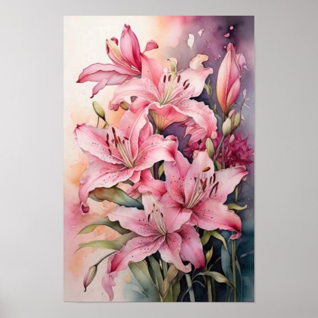 Poster Lírios Rosa - Flores De Aquarela - Arte Floral (Frente)