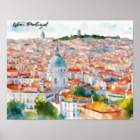 Lisboa Portugal Aquarela Vista Panorâmica Cidade