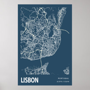 Poster Lisboa Portugal - Mapa da Linha Art Blue Impressã