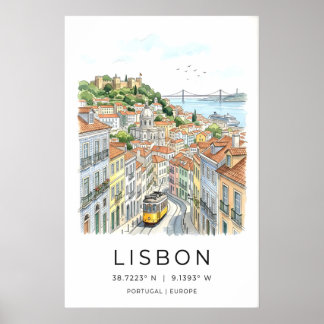 Poster Lisbon City Art Print Yellow Tram, Tiled Streets