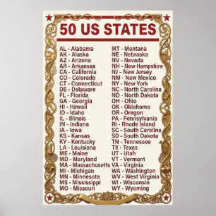 Poster Lista Alfabética dos 50 Estados Abreviados dos EUA
