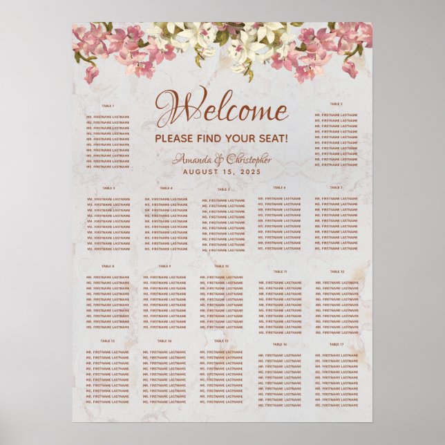 Poster Lista de Assentos de Casamento de 17 Mesas com Orq (Frente)