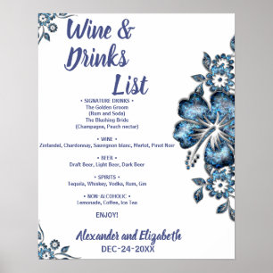 Poster Lista de Bebidas Flor Azul Casamento Noiva
