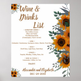 Poster Lista de Bebidas Verdes Girassóis Casamento de Noi