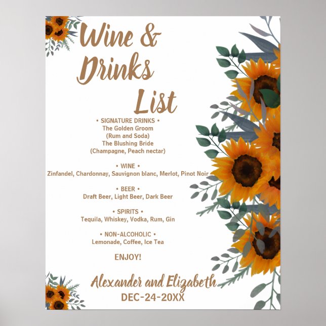 Poster Lista de Bebidas Verdes Girassóis Casamento de Noi (Frente)
