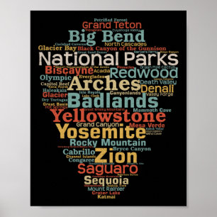 Poster Lista de Parques Nacionais dos EUA Arte de Nuvem d