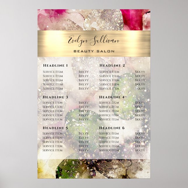 Poster Lista de Preços Aquarela Brilho Verde Rosa (Frente)