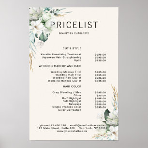 Poster Lista de Preços Bege Flores Brancas Elegantes Mode